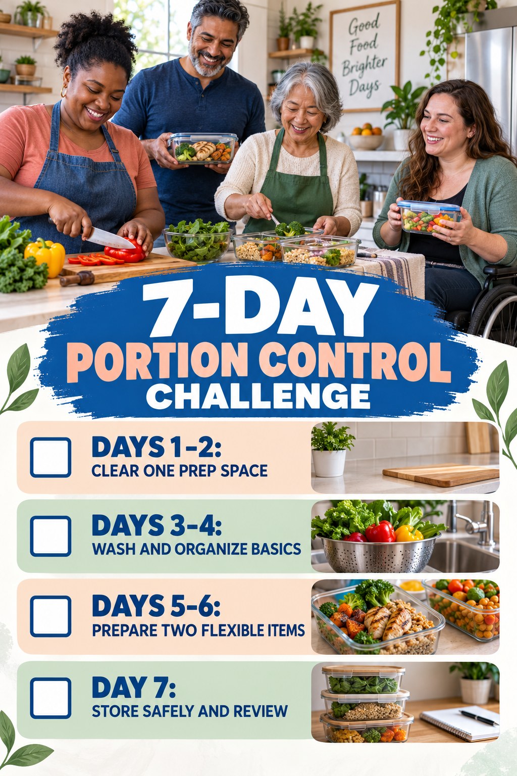 7-day Portion Control challenge graphic showing four manageable milestones for consistent practice.