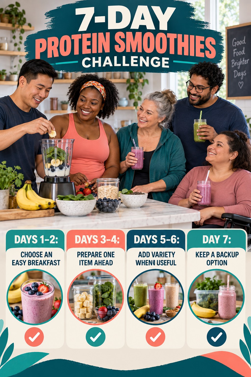7-day Protein Smoothies challenge graphic showing four manageable milestones for consistent practice.