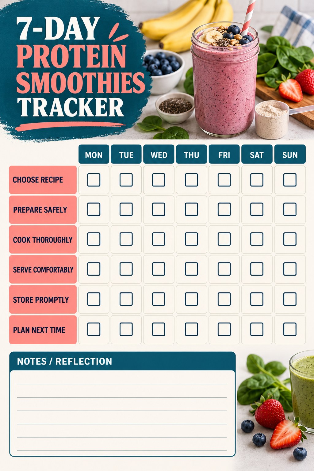 7-Day Protein Smoothies printable-style tracker graphic with six labeled rows, empty checkboxes, and a reflection area.