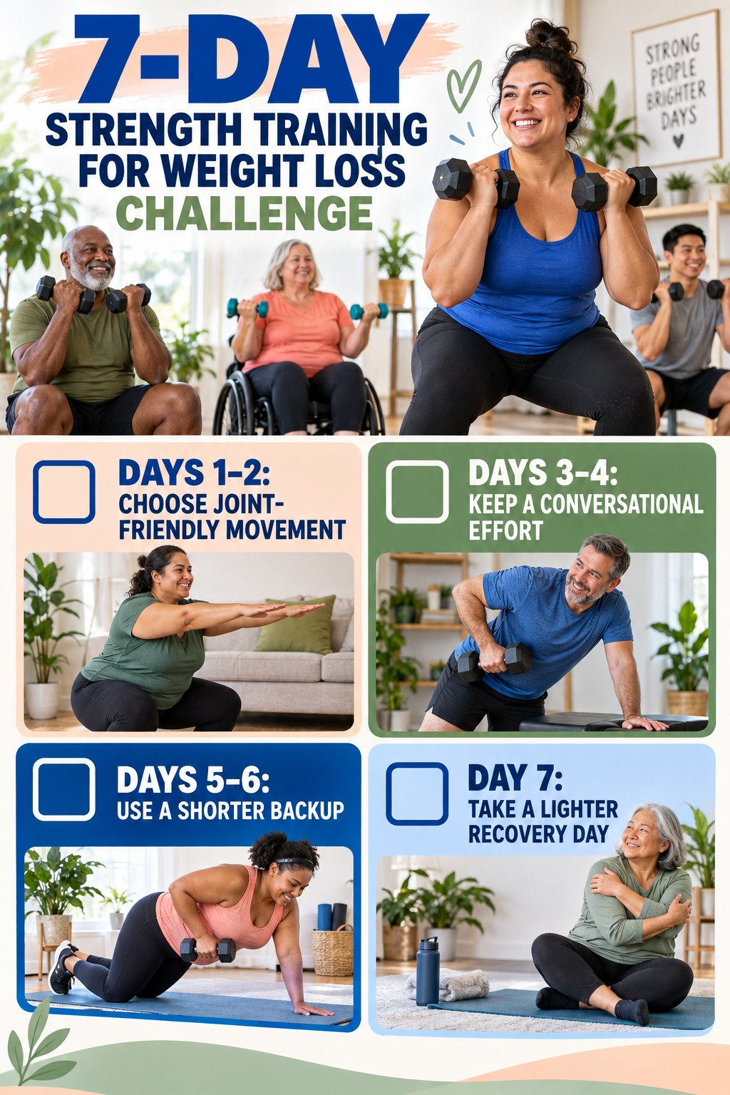 7-day Strength Training for Weight Loss challenge graphic showing four manageable milestones for consistent practice.