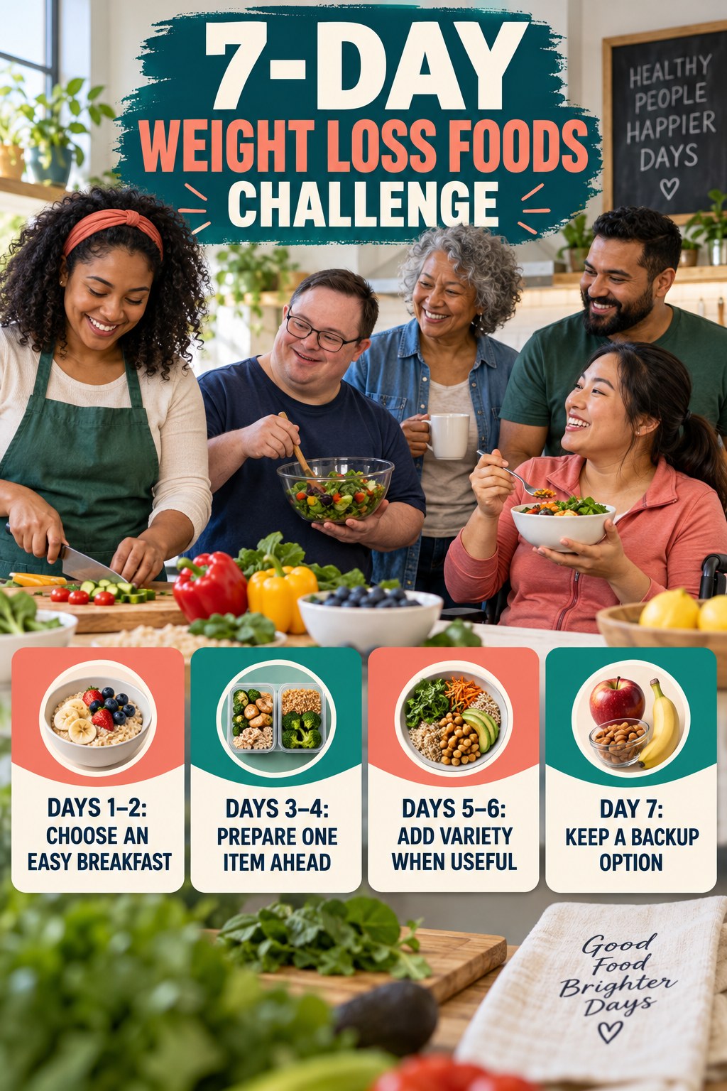 7-day Weight Loss Foods challenge graphic showing four manageable milestones for consistent practice.
