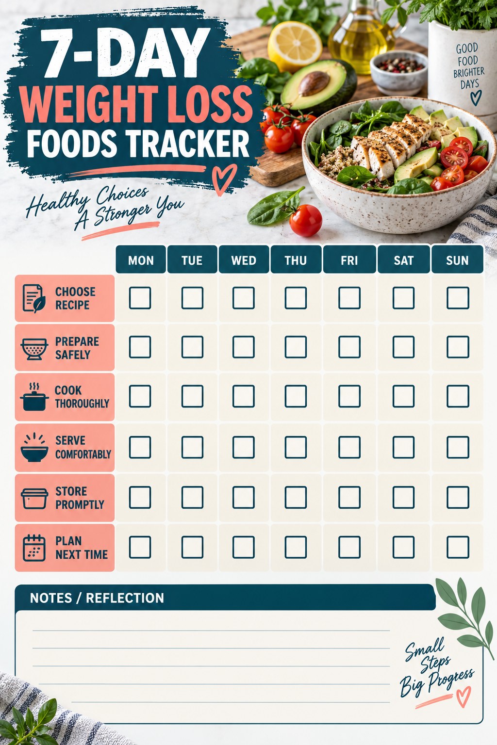 7-Day Weight Loss Foods printable-style tracker graphic with six labeled rows, empty checkboxes, and a reflection area.