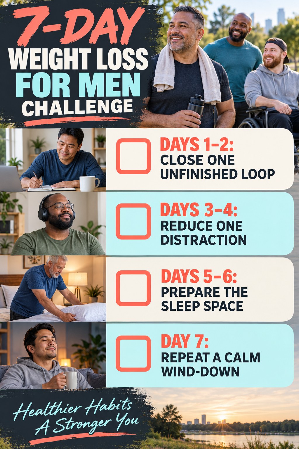 7-day Weight Loss for Men challenge graphic showing four manageable milestones for consistent practice.