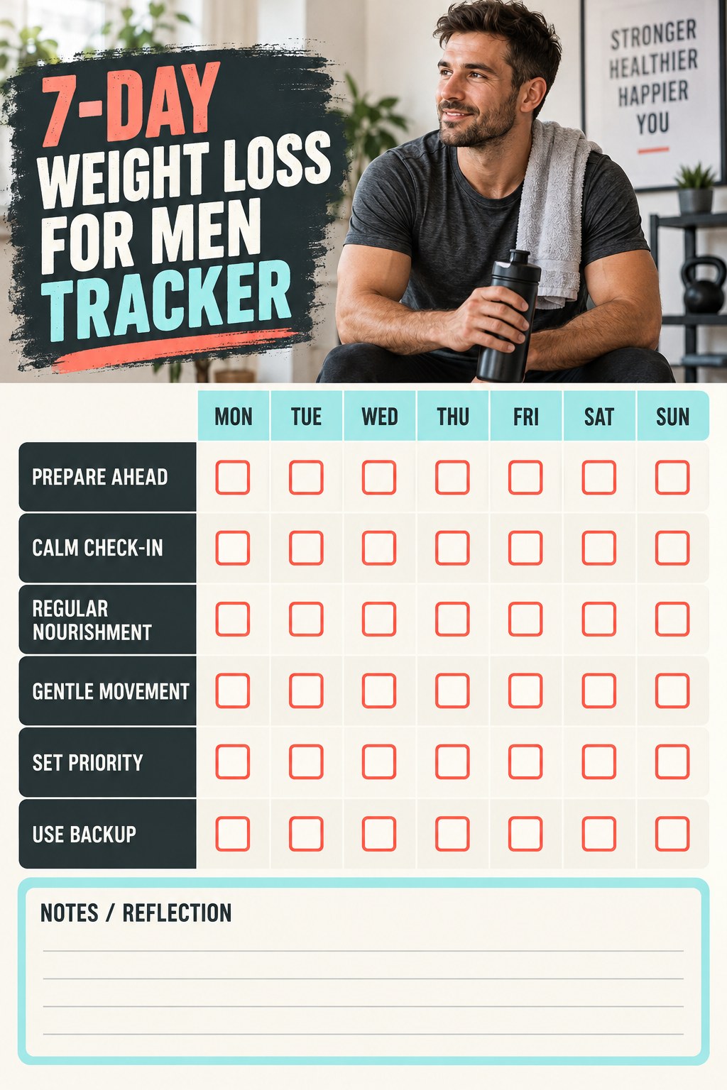 7-Day Weight Loss for Men printable-style tracker graphic with six labeled rows, empty checkboxes, and a reflection area.