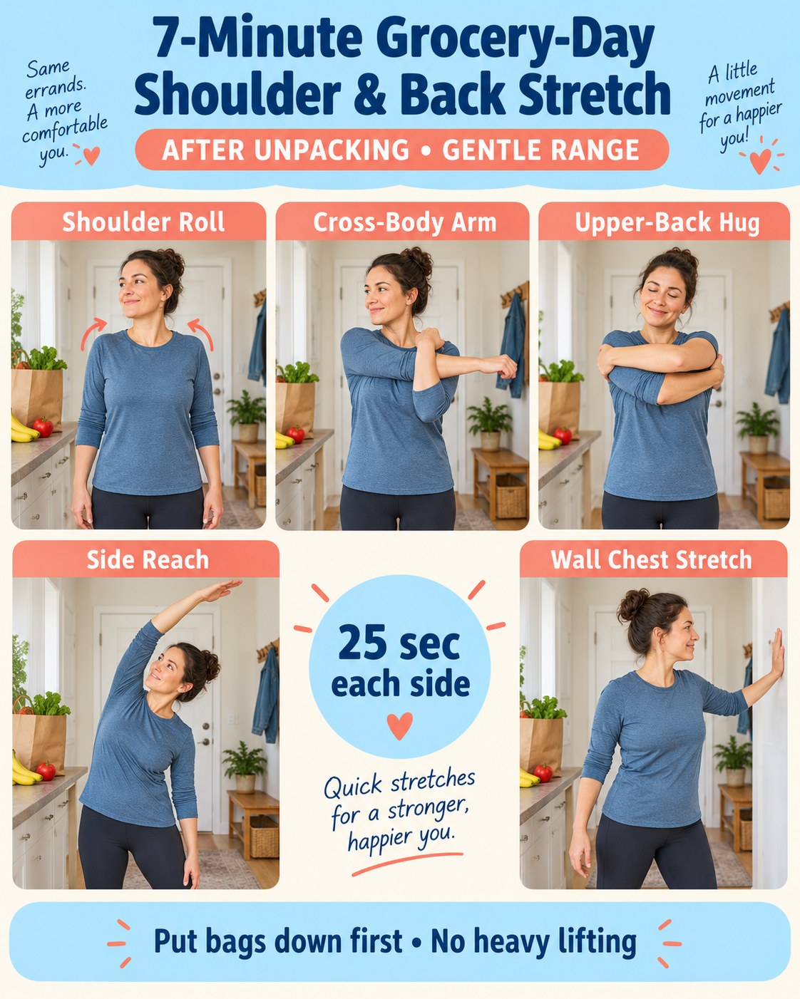 7-minute grocery-day shoulder and back stretch infographic with five movements