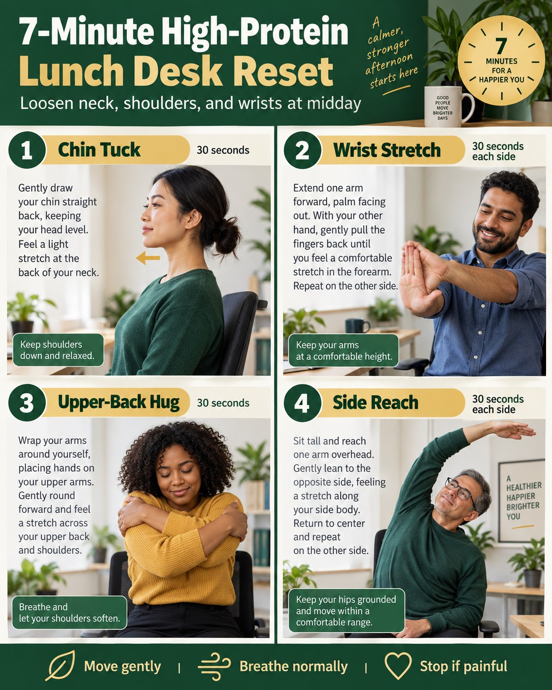7-Minute High-Protein Lunch Desk Reset infographic demonstrating chin tuck, wrist stretch, upper-back hug, side reach