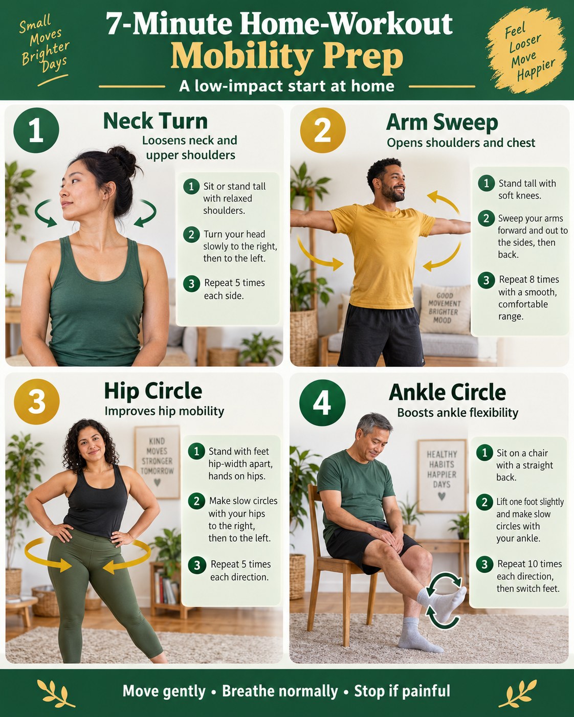 7-Minute Home-Workout Mobility Prep infographic demonstrating neck turn, arm sweeps, hip circles, ankle circles