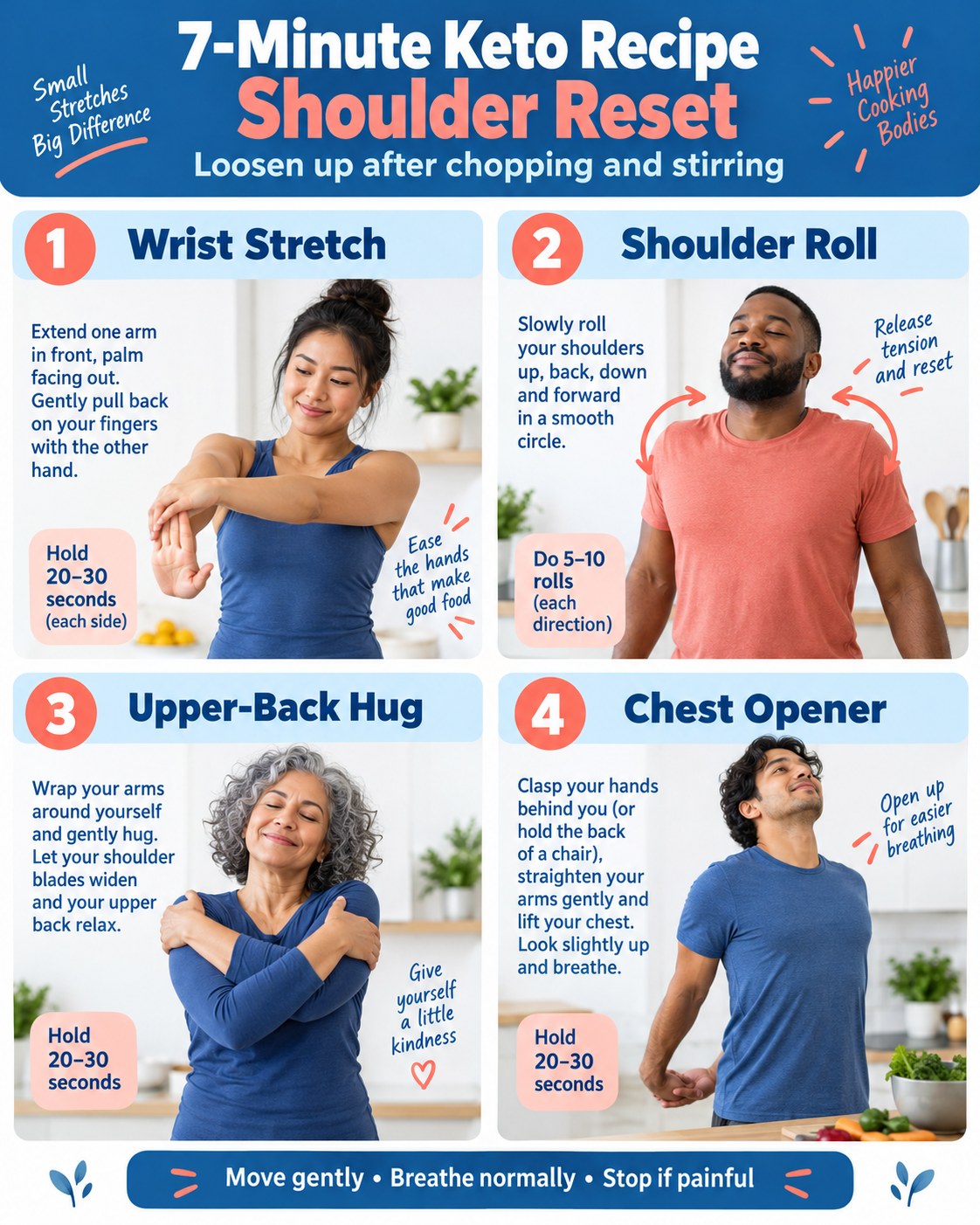 7-Minute Keto Recipe Shoulder Reset infographic demonstrating wrist stretch, shoulder rolls, upper-back hug, chest opener