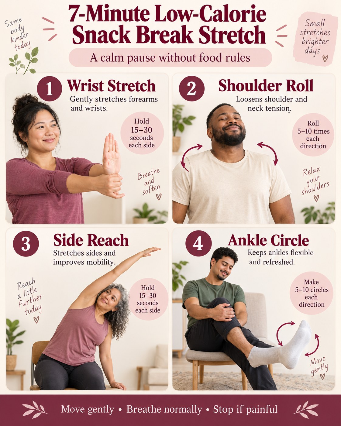 7-Minute Low-Calorie Snack Break Stretch infographic demonstrating wrist stretch, shoulder rolls, side reach, ankle circles