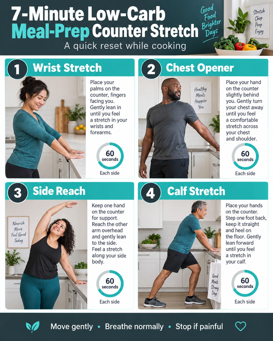 7-Minute Low-Carb Meal-Prep Counter Stretch infographic demonstrating wrist stretch, chest opener, side reach, calf stretch