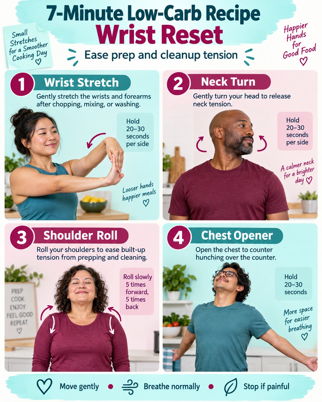 7-Minute Low-Carb Recipe Wrist Reset infographic demonstrating wrist stretch, neck turn, shoulder rolls, chest opener