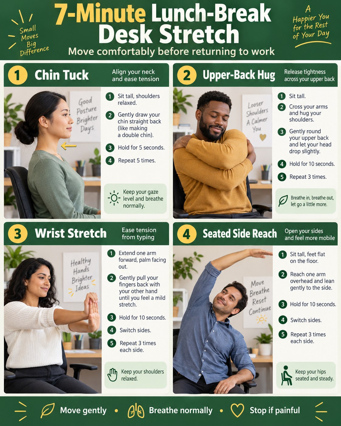 7-Minute Lunch-Break Desk Stretch infographic demonstrating chin tuck, upper-back hug, wrist stretch, and seated side reach