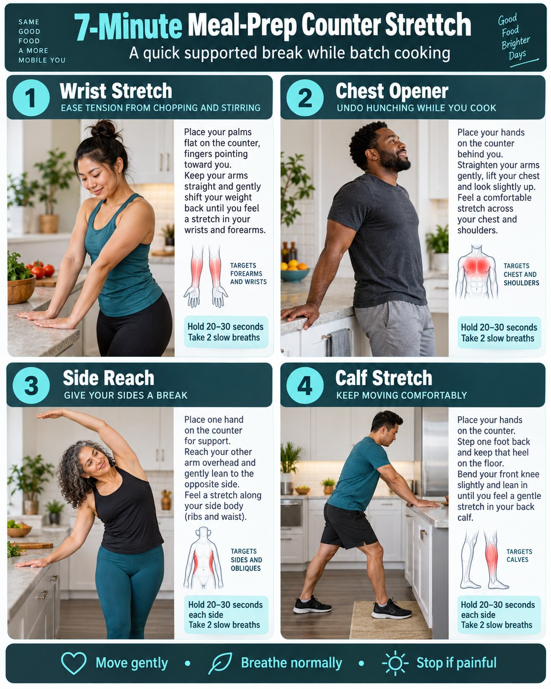 7-Minute Meal-Prep Counter Stretch infographic demonstrating wrist stretch, chest opener, side reach, and calf stretch