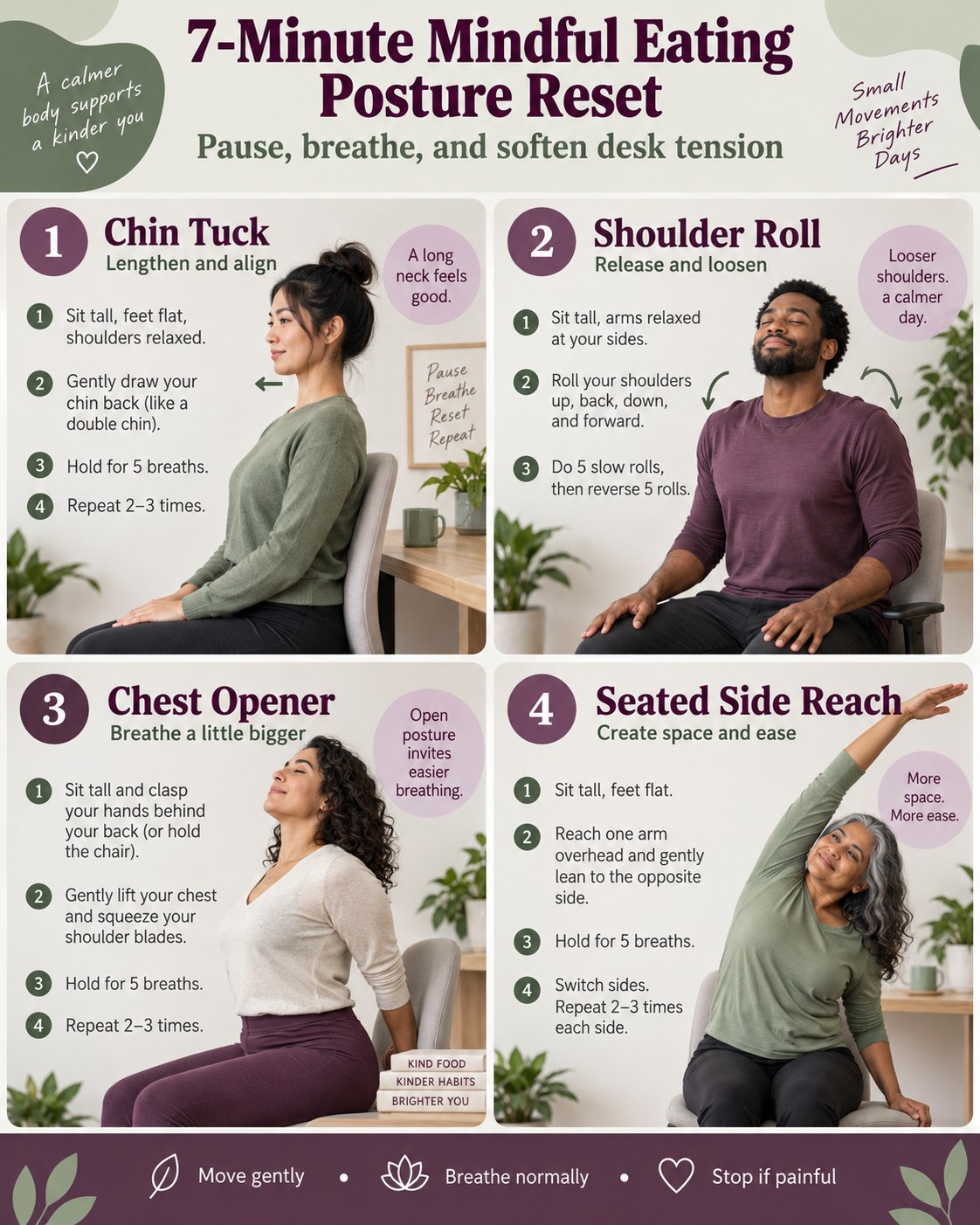7-Minute Mindful Eating Posture Reset infographic demonstrating chin tucks, shoulder rolls, chest opener, and seated side reach