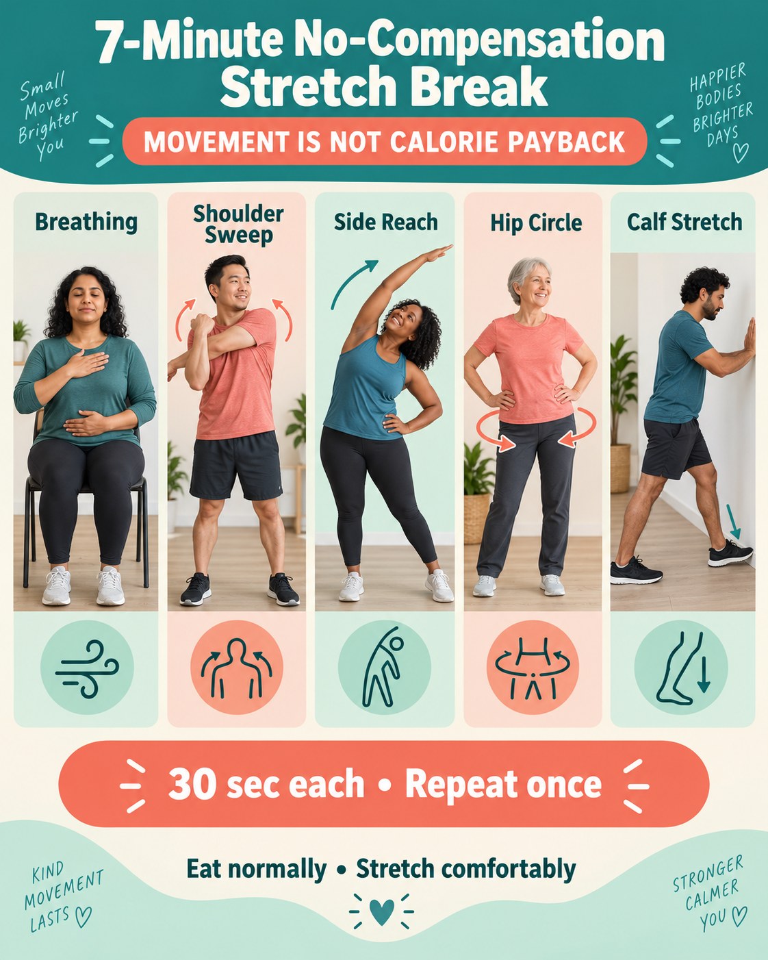 7-minute no-compensation stretch break infographic with five gentle movements