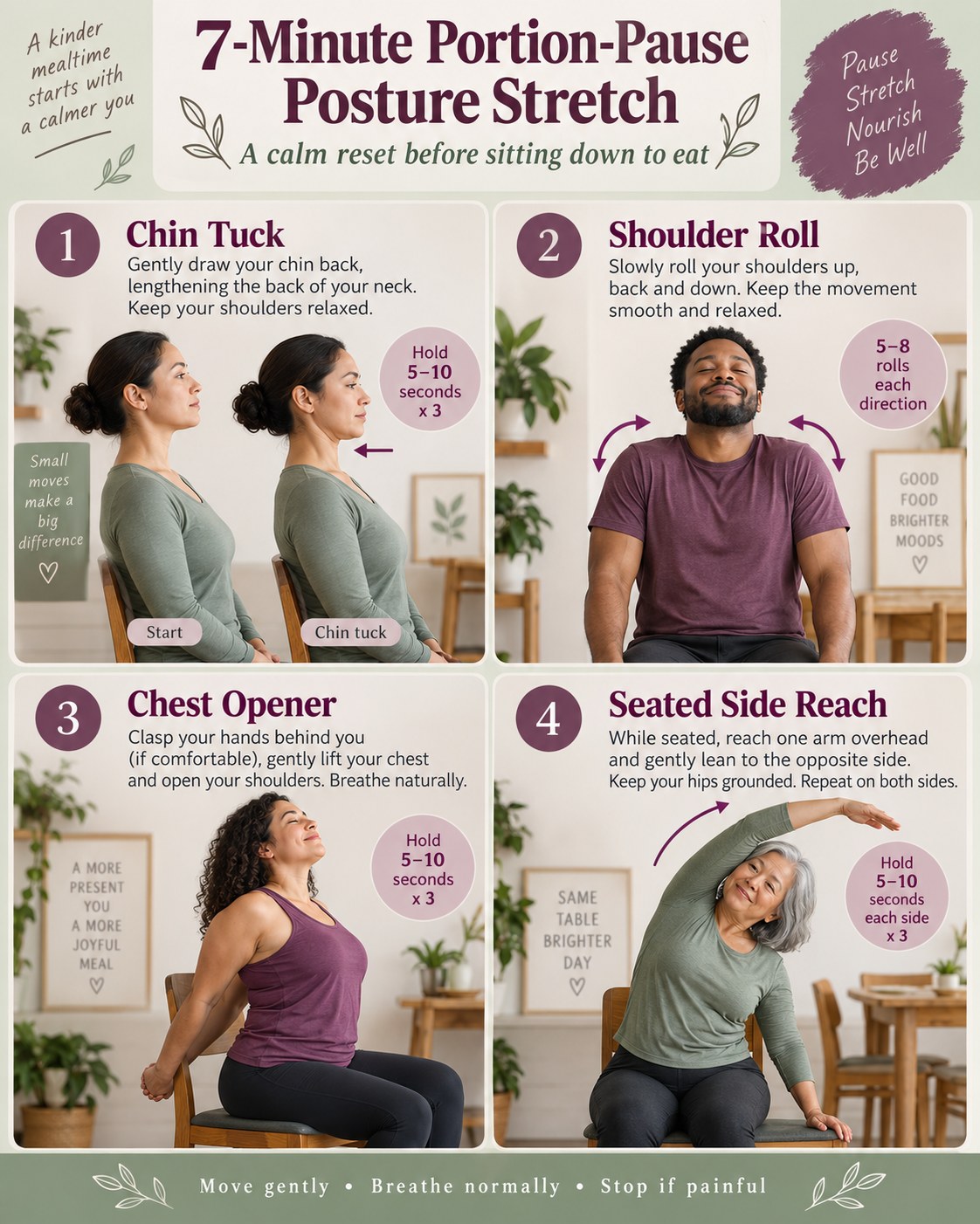 7-Minute Portion-Pause Posture Stretch infographic demonstrating chin tuck, shoulder rolls, chest opener, seated side reach