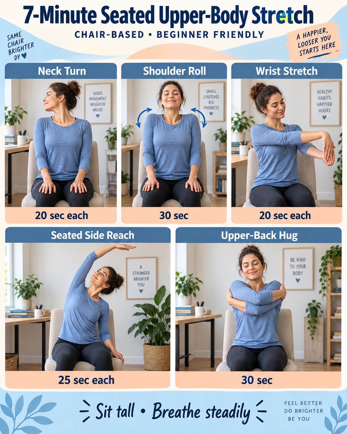 7-minute seated upper-body stretch infographic using a sturdy chair and five movements