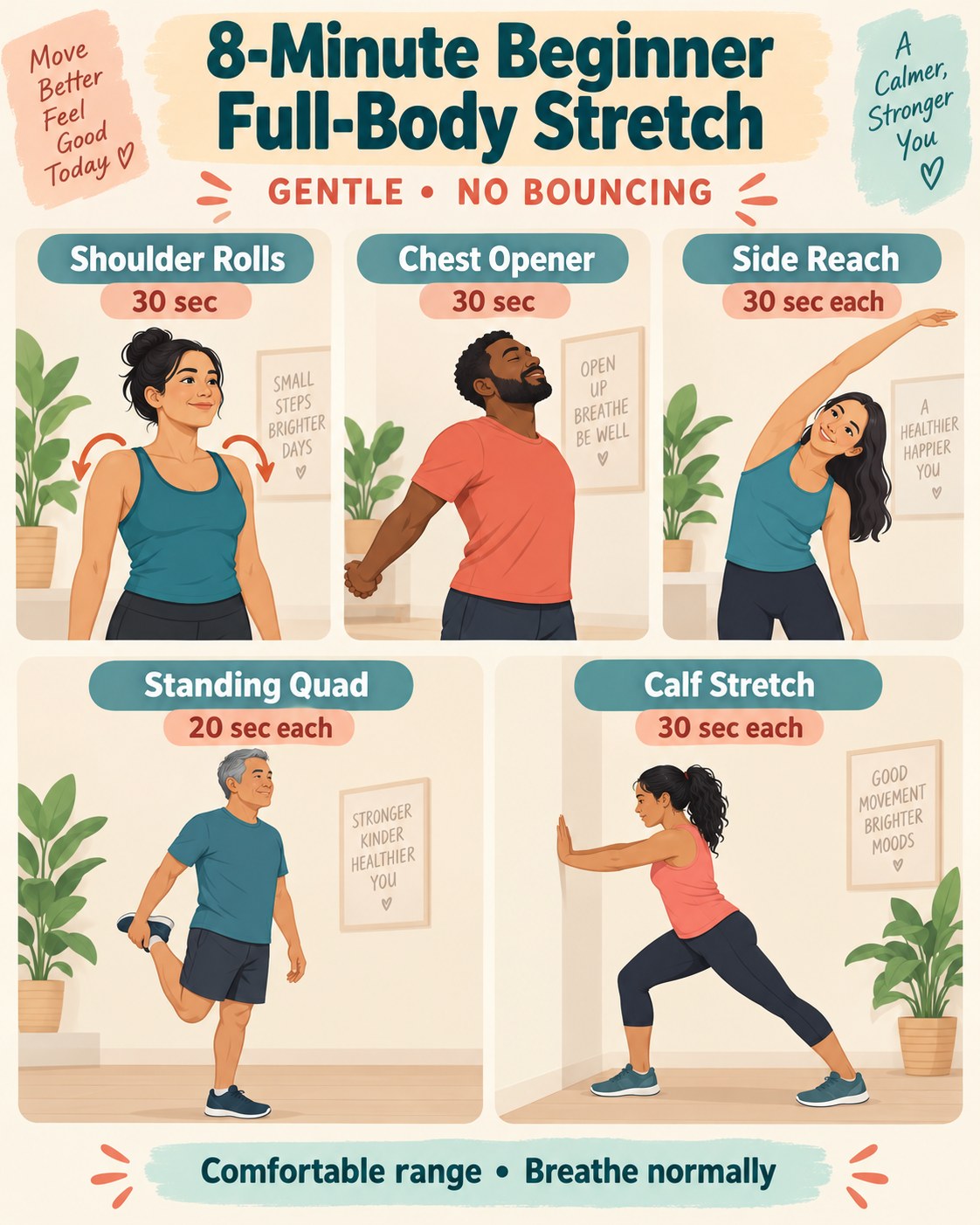 8-minute beginner full-body stretch infographic with five safe standing movements