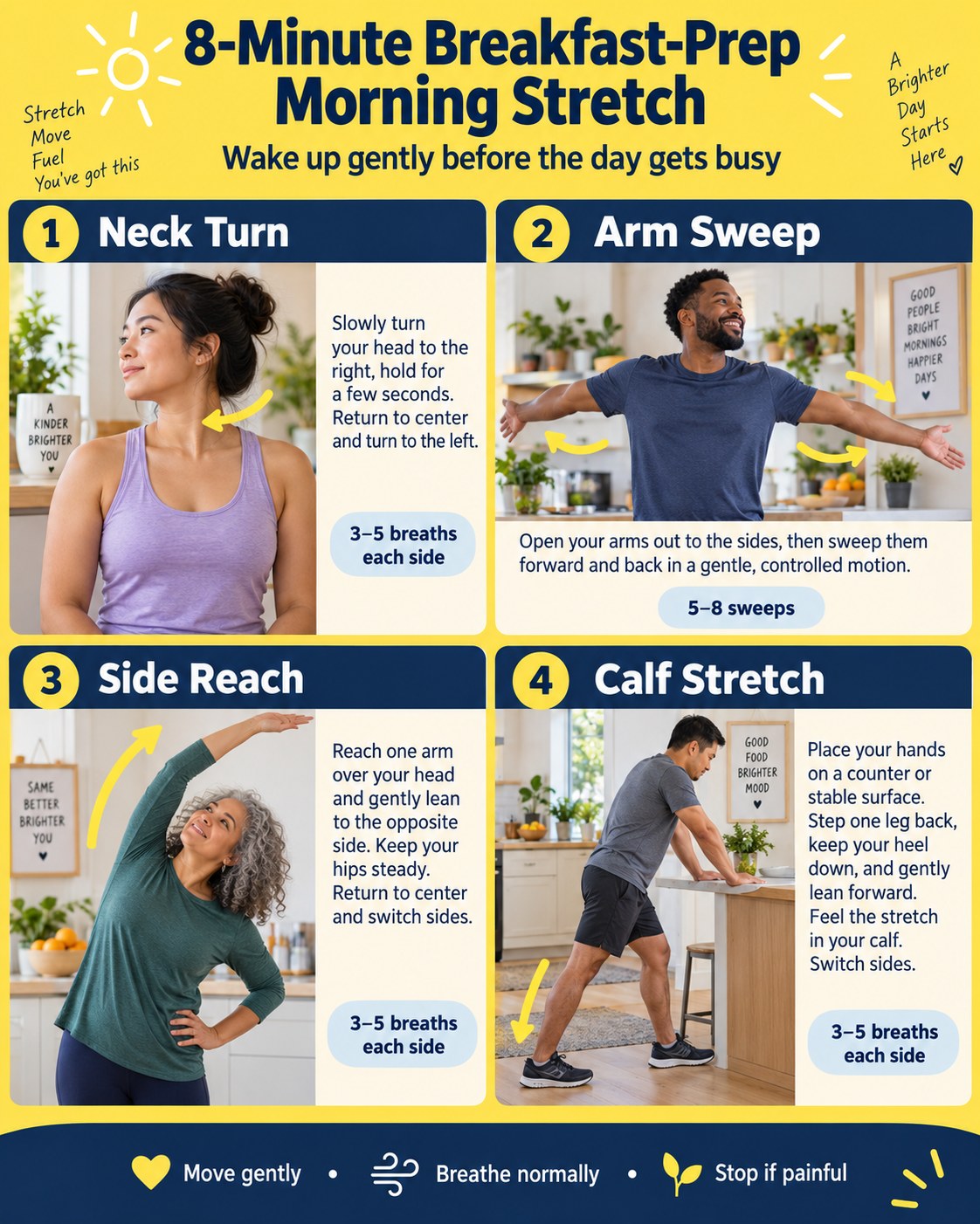 8-Minute Breakfast-Prep Morning Stretch infographic demonstrating neck turn, arm sweeps, side reach, and calf stretch