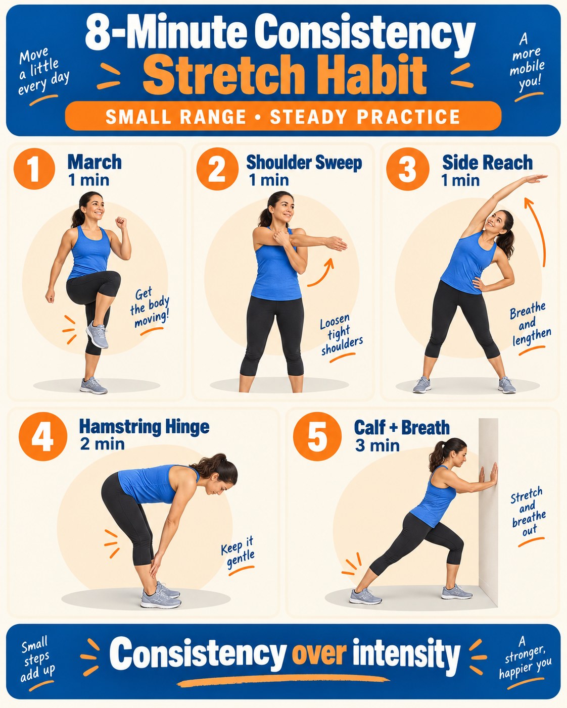 8-minute consistency stretch habit infographic with five timed beginner steps