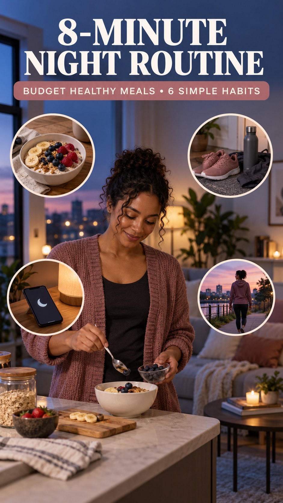 Night routine infographic for Budget Healthy Meals showing prepare a flexible breakfast and 6 practical evening habits.