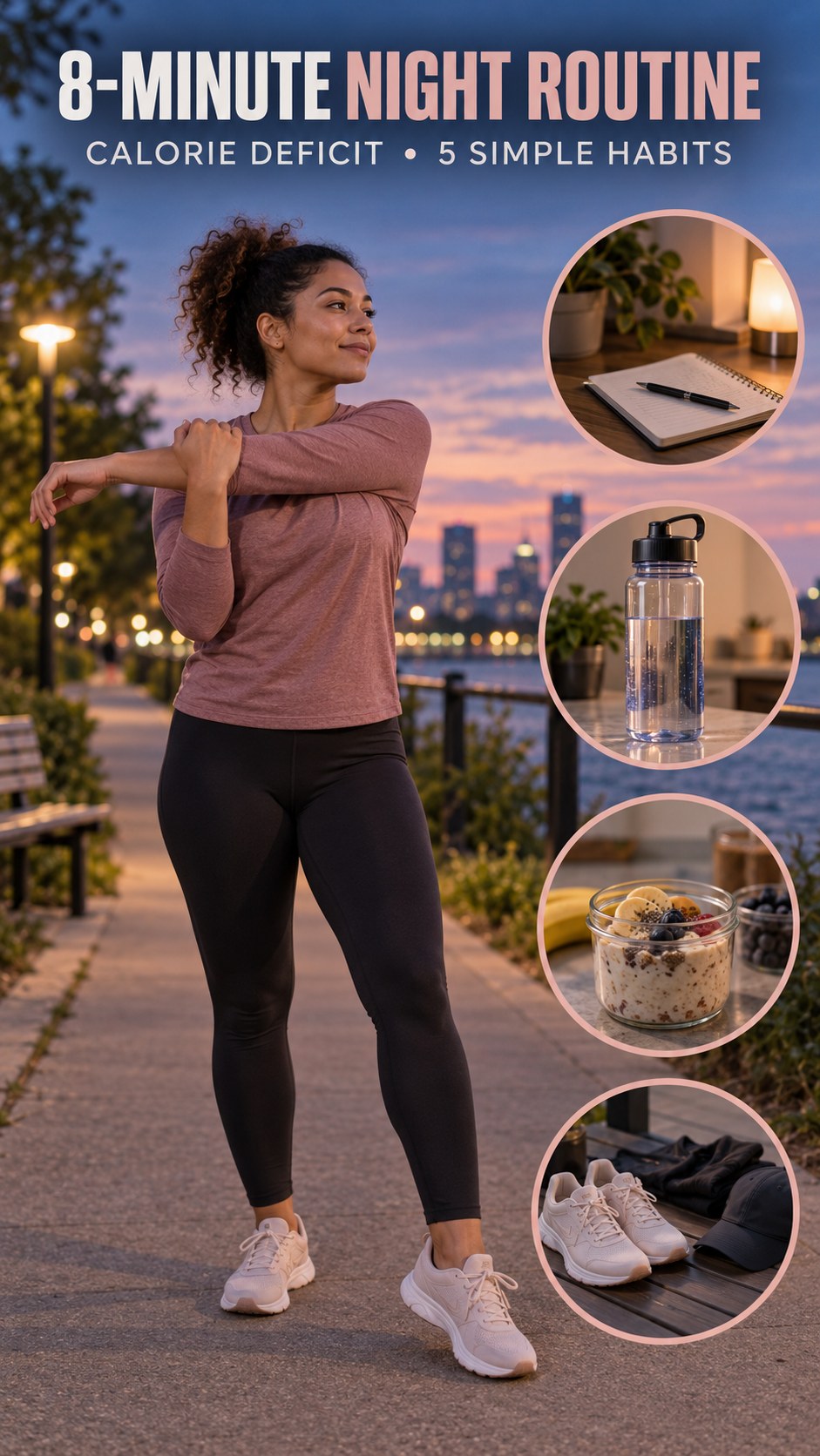 Night routine infographic for Calorie Deficit showing use a short stretch break and 5 practical evening habits.