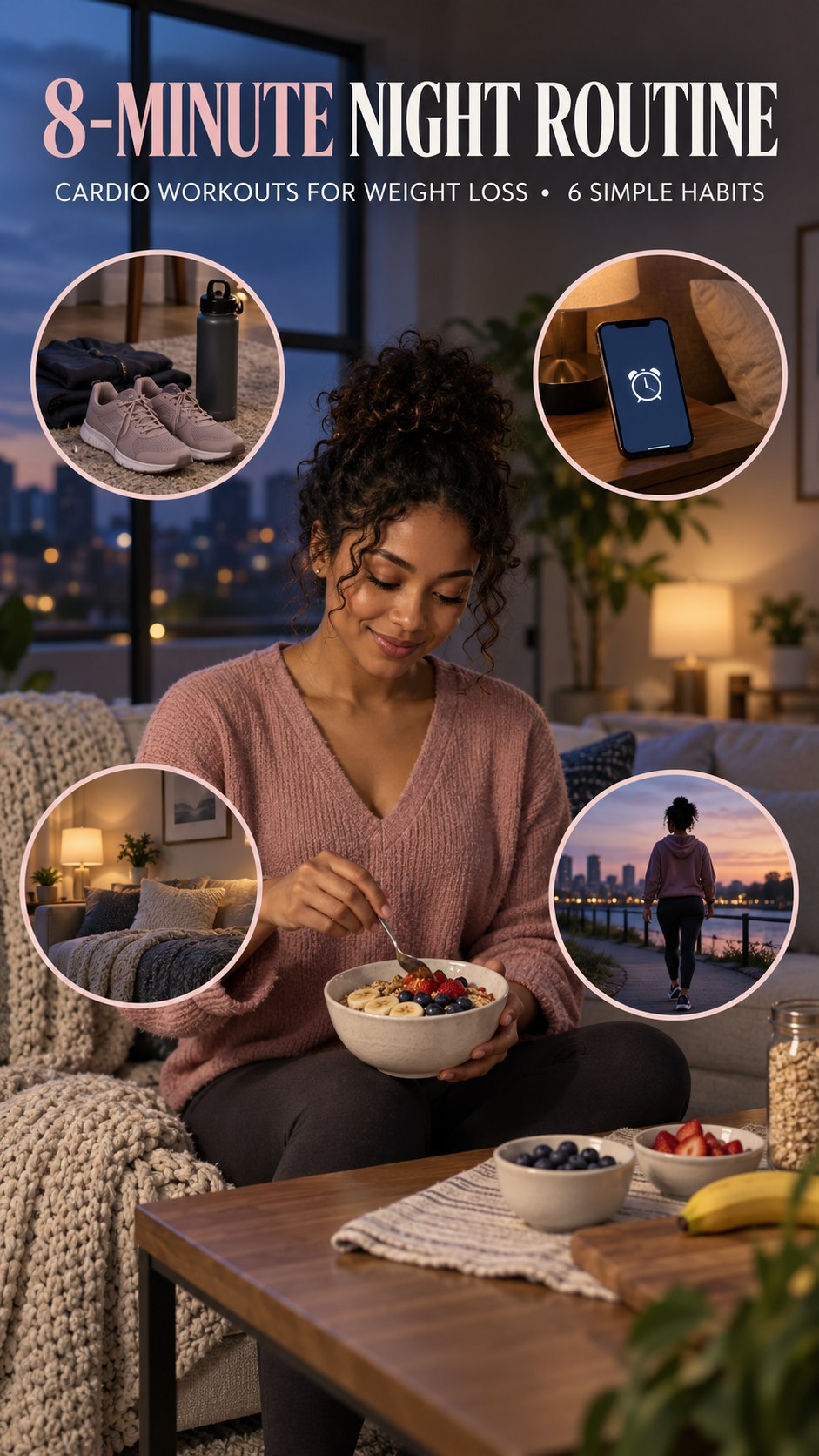 Night routine infographic for Cardio Workouts for Weight Loss showing prepare a flexible breakfast and 6 practical evening habits.