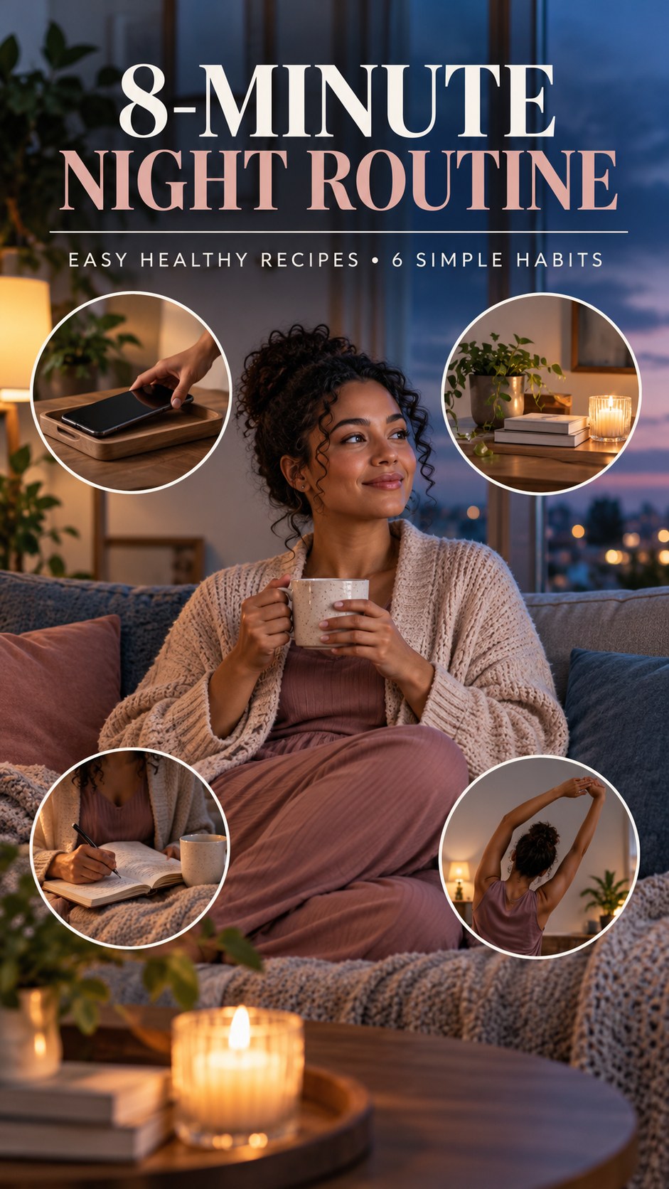 Night routine infographic for Easy Healthy Recipes showing set a screen boundary and 6 practical evening habits.