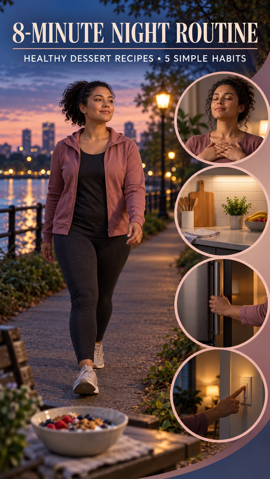 Night routine infographic for Healthy Dessert Recipes showing try comfortable mobility and 5 practical evening habits.