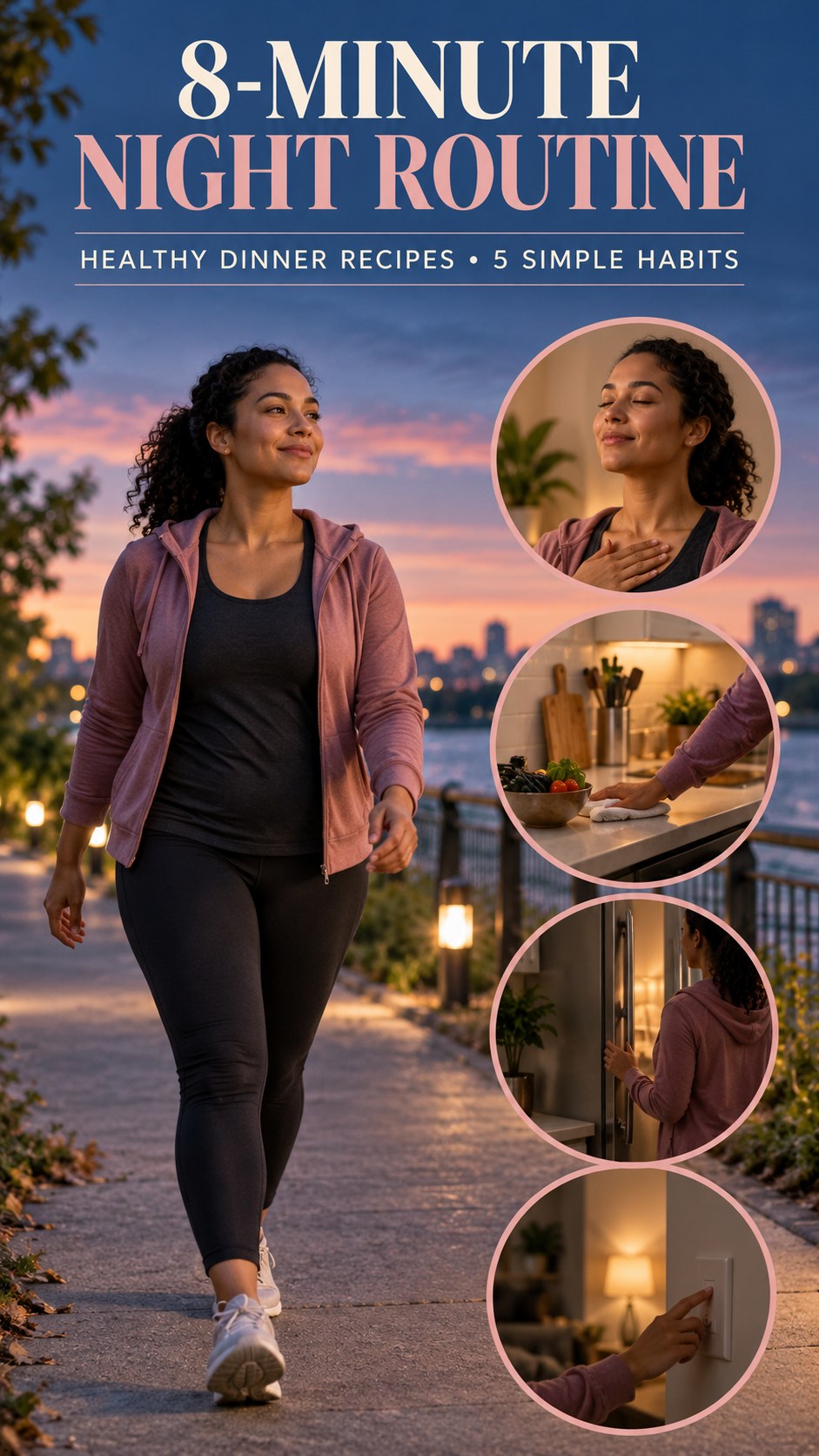 Night routine infographic for Healthy Dinner Recipes showing try comfortable mobility and 5 practical evening habits.