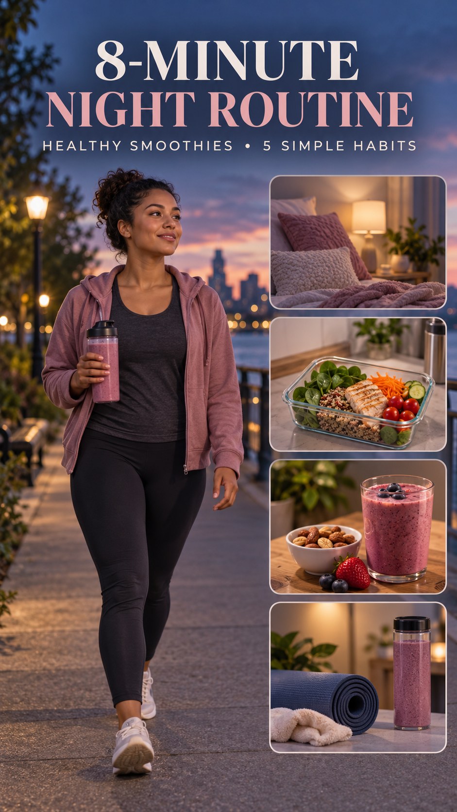 Night routine infographic for Healthy Smoothies showing make the room comfortable and 5 practical evening habits.