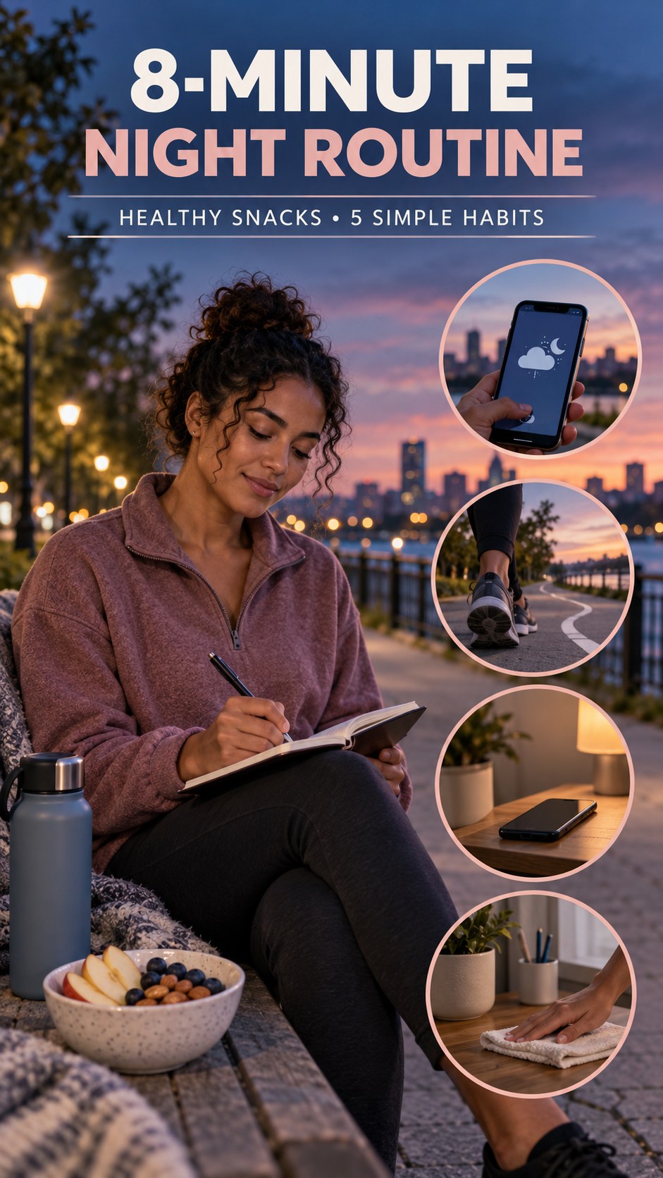 Night routine infographic for Healthy Snacks showing write a brief check-in and 5 practical evening habits.