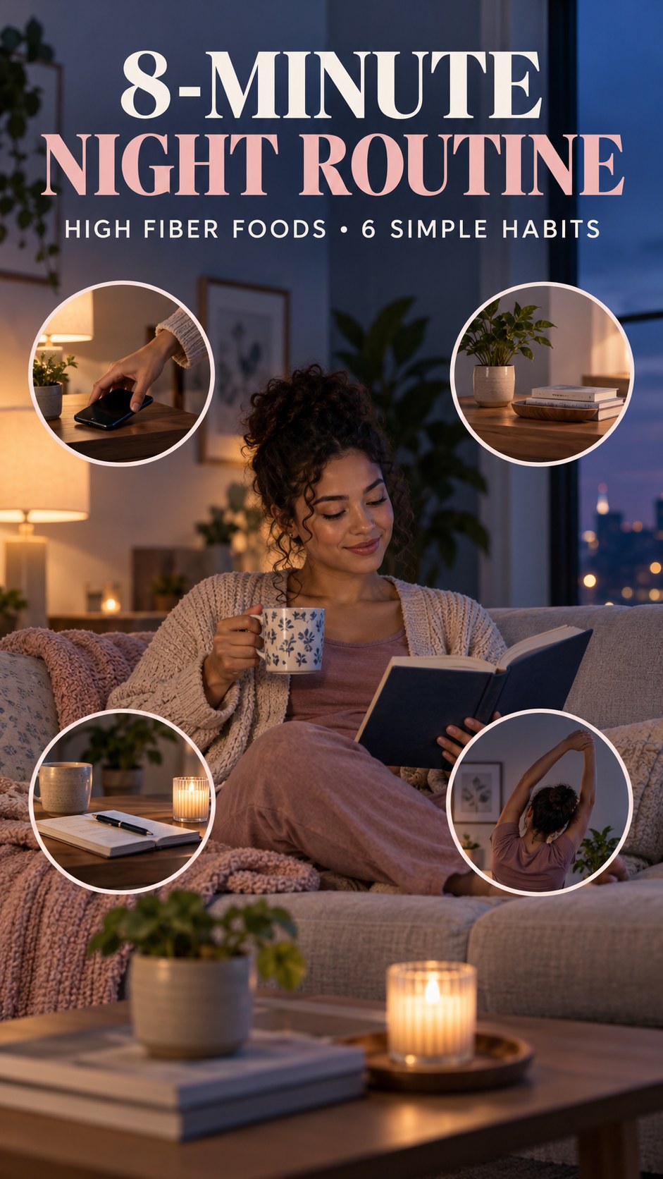 Night routine infographic for High Fiber Foods showing set a screen boundary and 6 practical evening habits.
