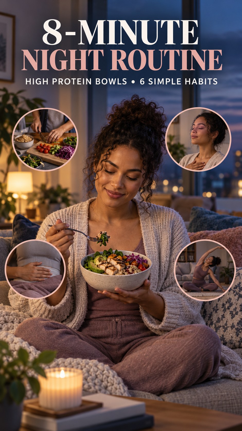 Night routine infographic for High Protein Bowls showing plan a satisfying evening snack and 6 practical evening habits.