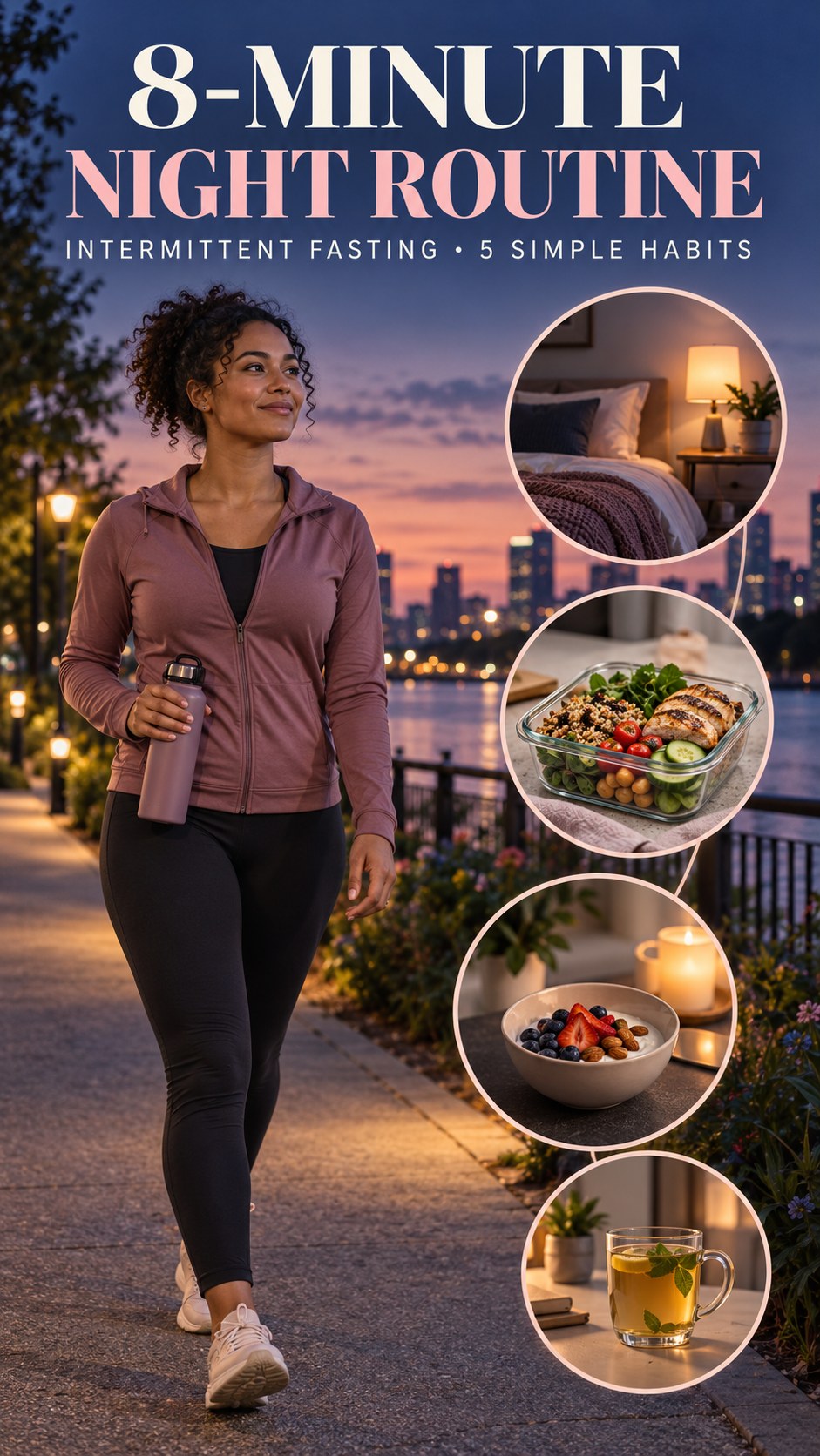 Night routine infographic for Intermittent Fasting showing make the room comfortable and 5 practical evening habits.