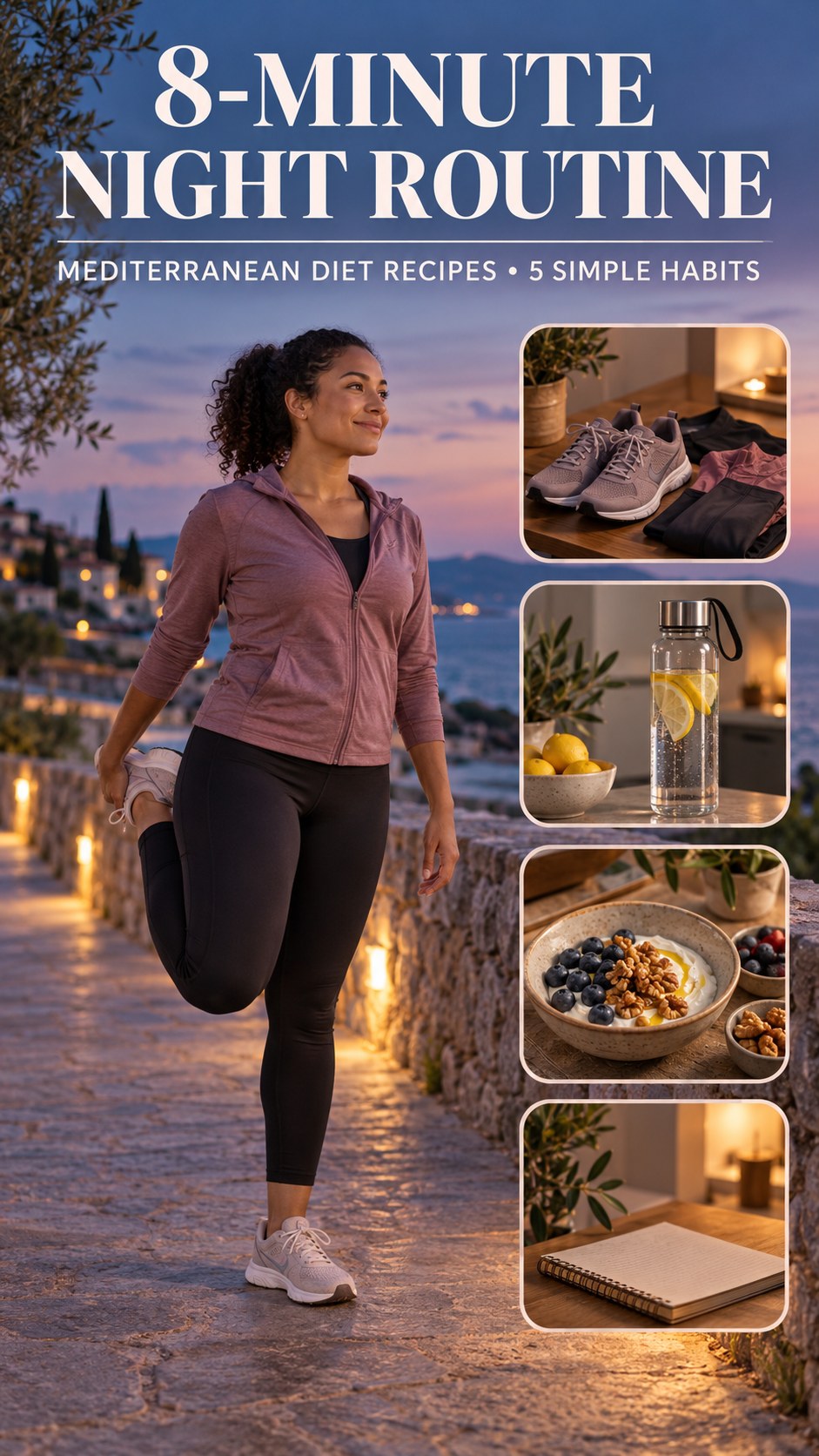 Night routine infographic for Mediterranean Diet Recipes showing use a short stretch break and 5 practical evening habits.