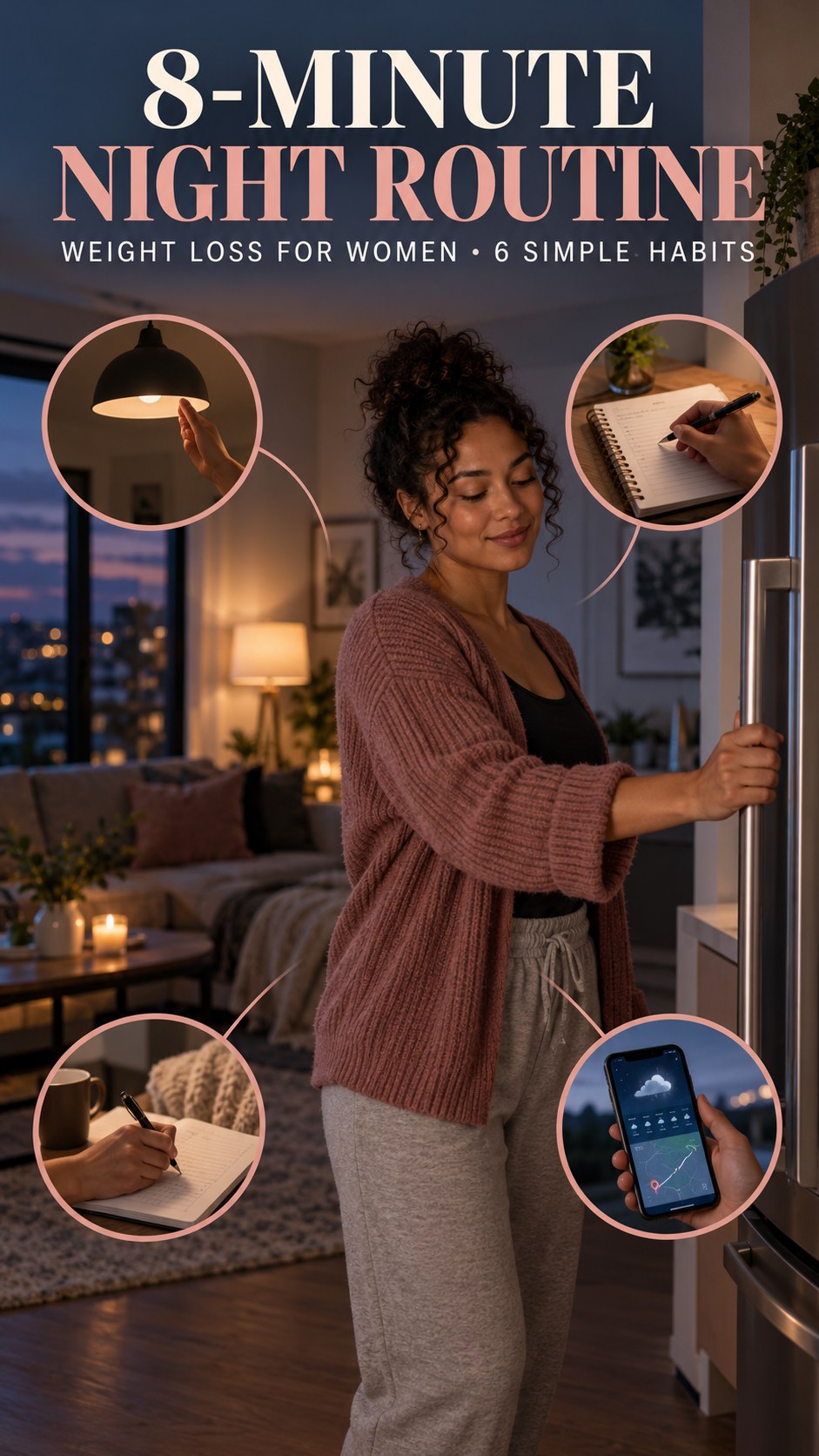 Night routine infographic for Weight Loss for Women showing close the kitchen deliberately and 6 practical evening habits.