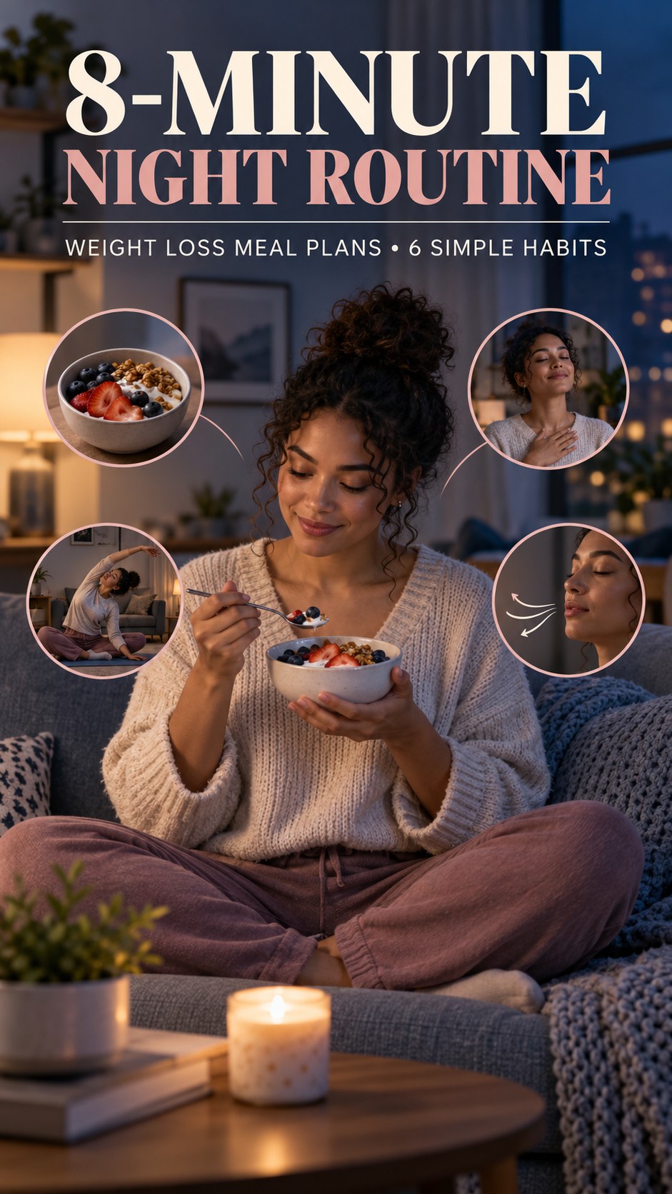 Night routine infographic for Weight Loss Meal Plans showing plan a satisfying evening snack and 6 practical evening habits.