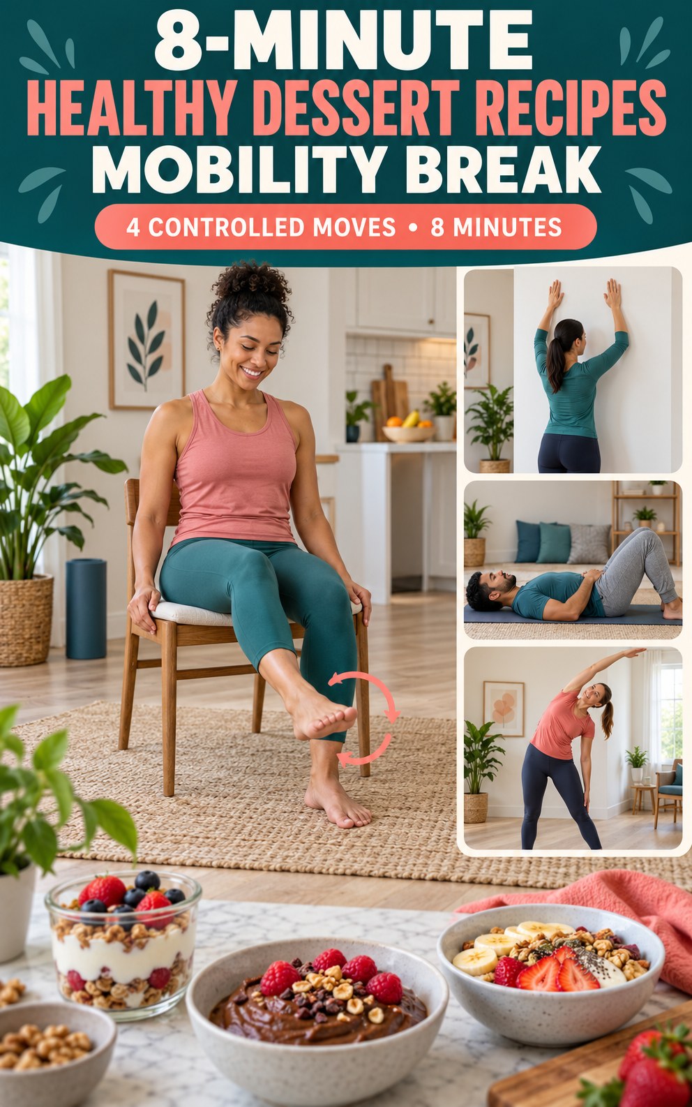 Adult demonstrating seated ankle circles in a 8-minute healthy dessert recipes mobility break infographic.