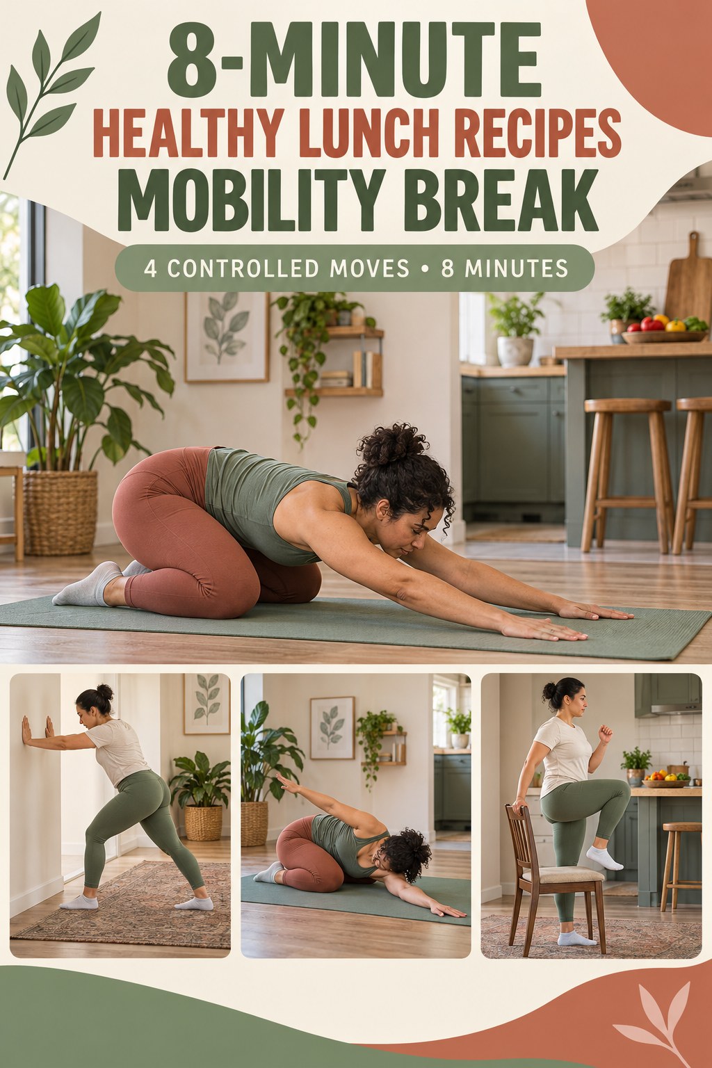 Adult demonstrating quadruped hip rock-backs in a 8-minute healthy lunch recipes mobility break infographic.