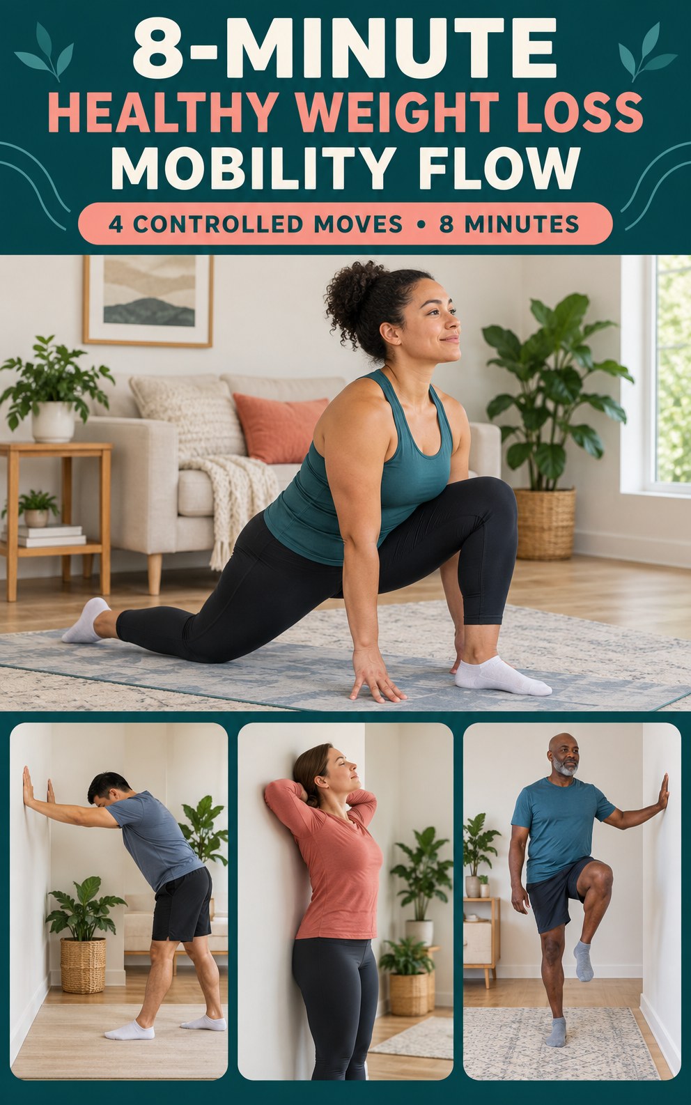 Adult demonstrating low lunge rock-backs in a 8-minute healthy weight loss mobility flow infographic.