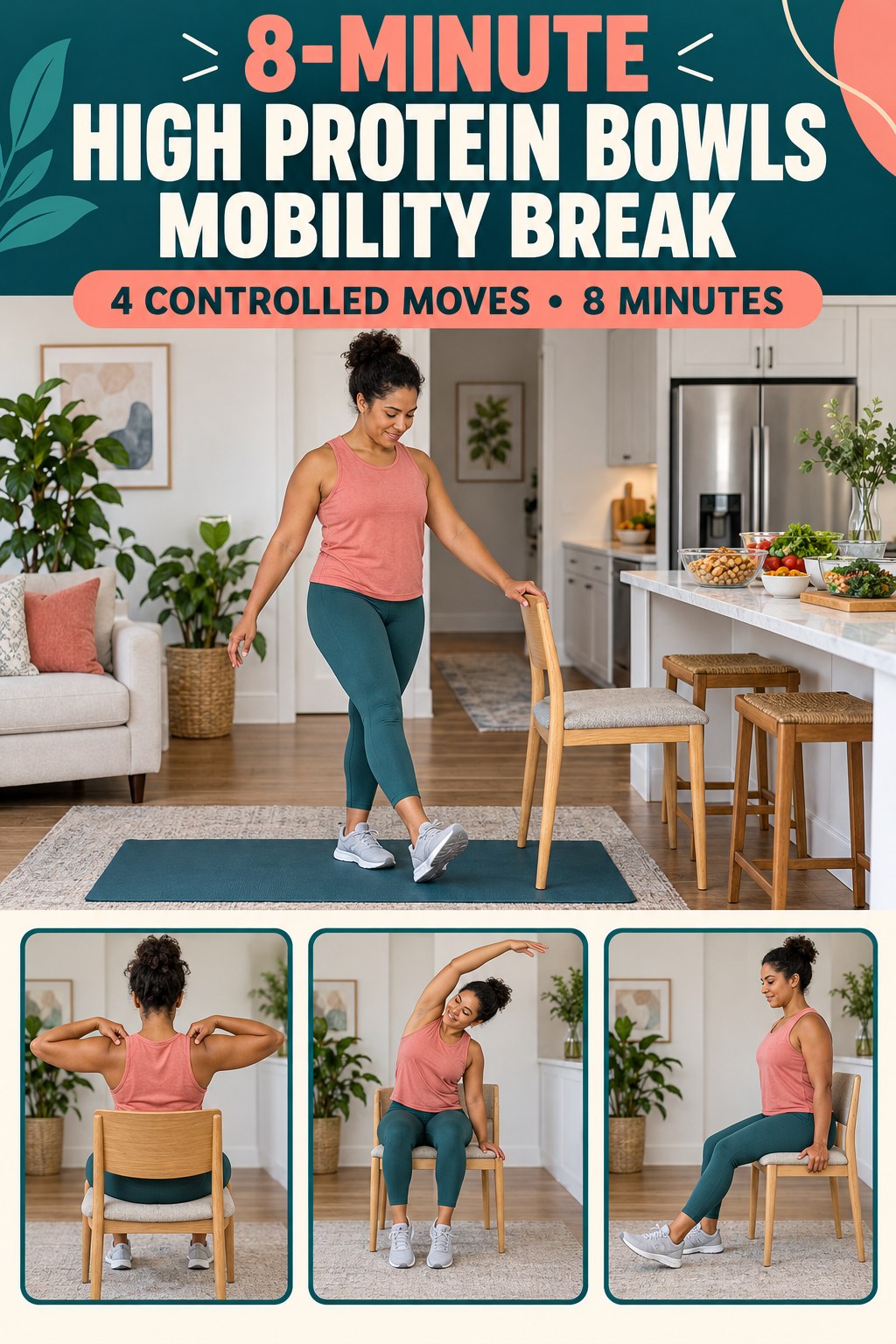 Adult demonstrating heel-to-toe ankle rocks in a 8-minute high protein bowls mobility break infographic.