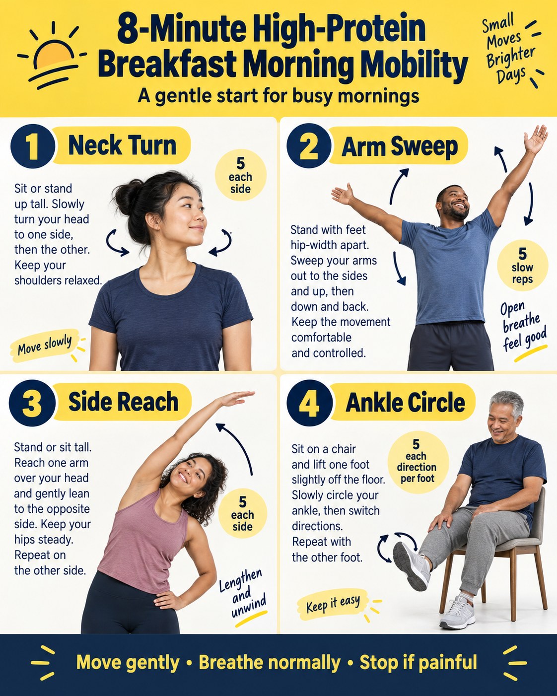 8-Minute High-Protein Breakfast Morning Mobility infographic demonstrating neck turn, arm sweeps, side reach, ankle circles