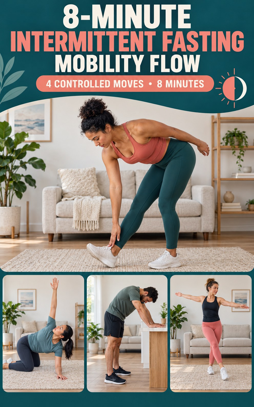 Adult demonstrating standing hamstring scoops in a 8-minute intermittent fasting mobility flow infographic.