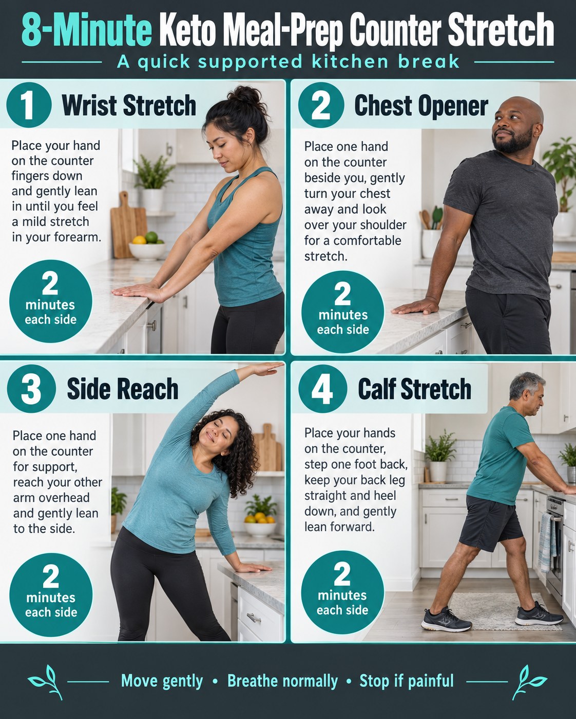 8-Minute Keto Meal-Prep Counter Stretch infographic demonstrating wrist stretch, chest opener, side reach, calf stretch