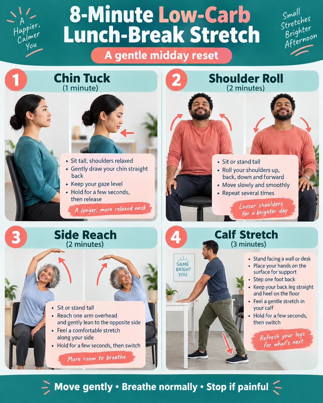 8-Minute Low-Carb Lunch-Break Stretch infographic demonstrating chin tuck, shoulder rolls, side reach, calf stretch