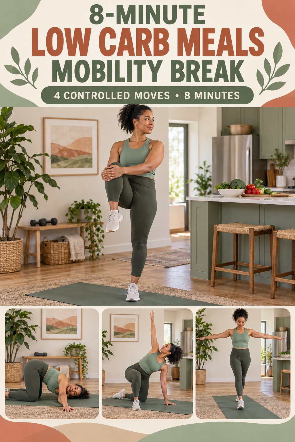 Adult demonstrating standing hip openers in a 8-minute low carb meals mobility break infographic.