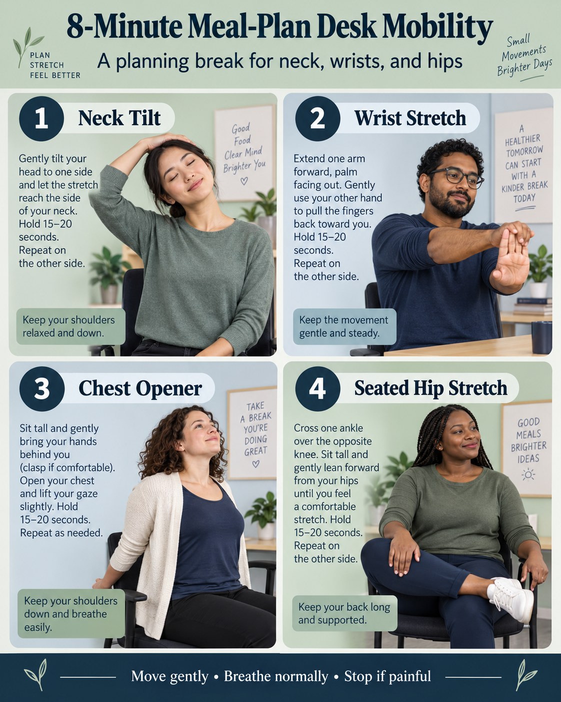 8-Minute Meal-Plan Desk Mobility infographic demonstrating neck tilt, wrist stretch, chest opener, and seated hip stretch