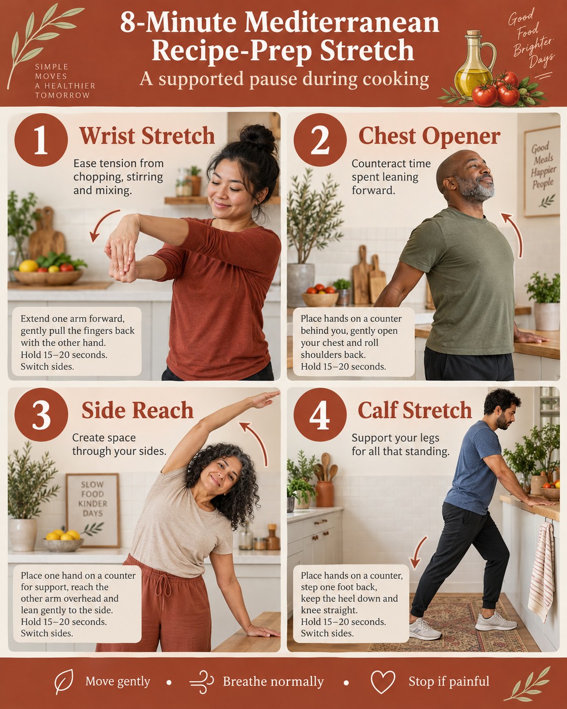 8-Minute Mediterranean Recipe-Prep Stretch infographic demonstrating wrist stretch, chest opener, side reach, calf stretch