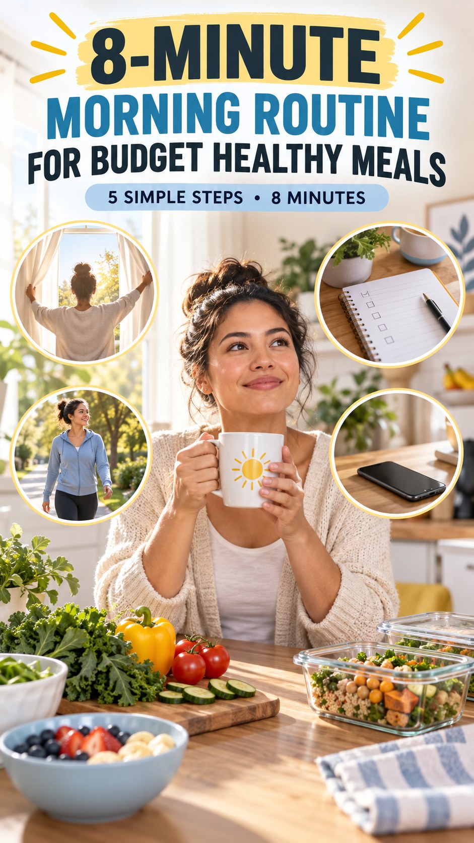 Morning routine infographic for Budget Healthy Meals showing choose a recovery reminder and five practical steps.